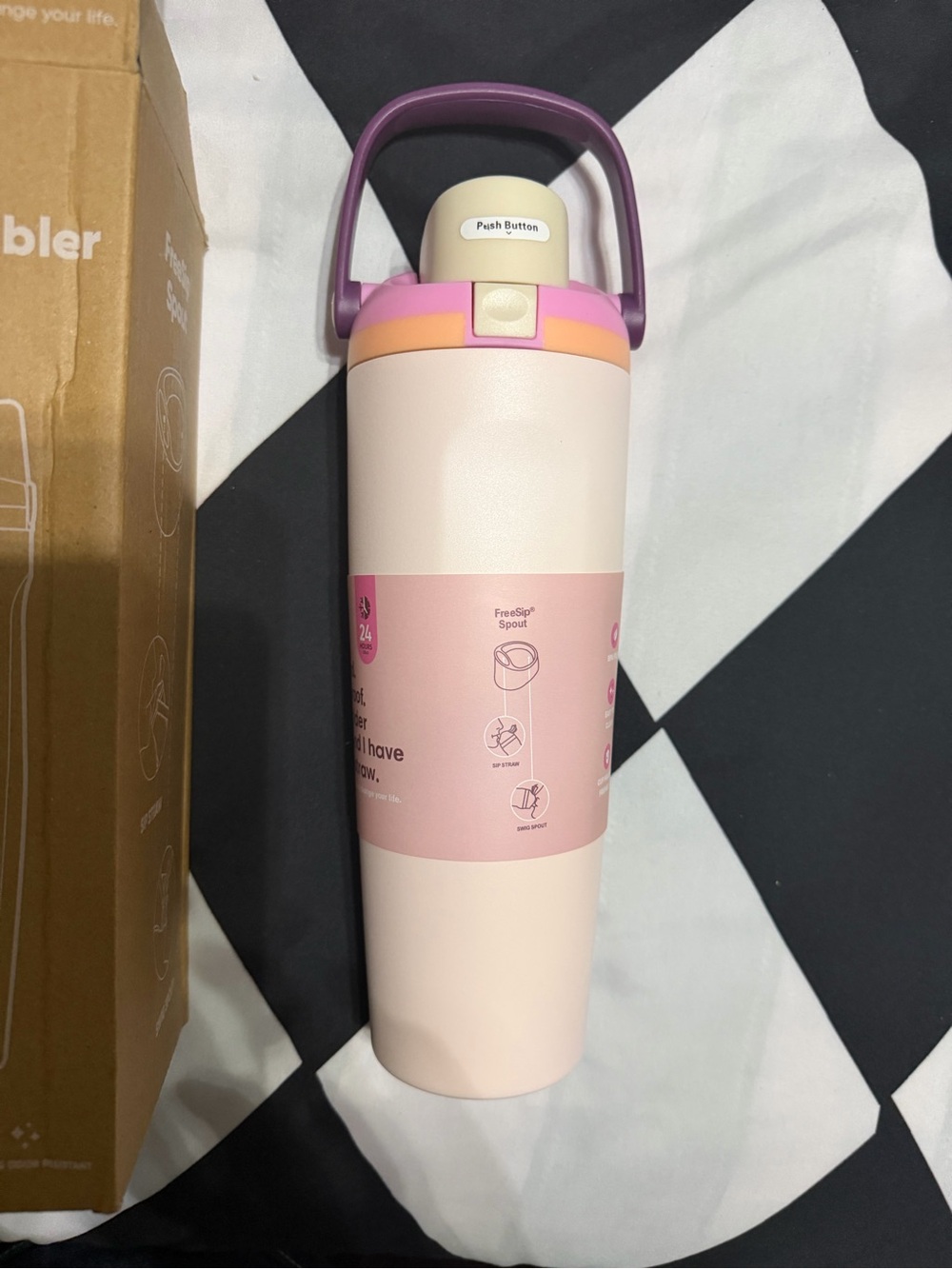 OWALA Pink Insulated Travel Bottle with Purple Handle